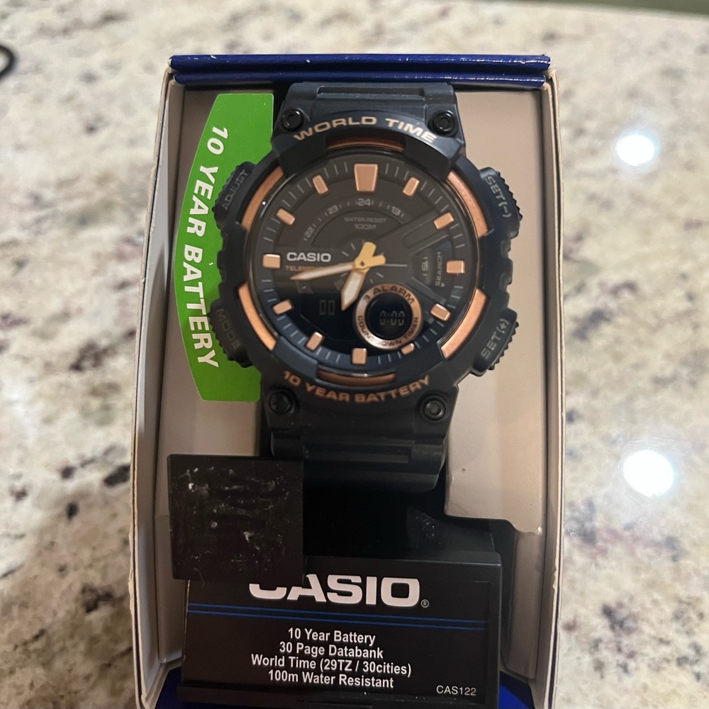 Casio World Time AEQ110W-2A3V NWT Box and Papers.  Black and Rose Gold - Picture 2 of 2
